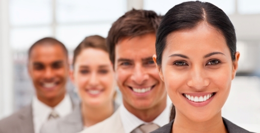 Closeup portrait of confident happy business men and women in a row